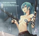  aqua_eyes aqua_hair assault_rifle bad_id bad_pixiv_id belt character_name copyright_name dual_wielding gun hatsune_miku highres holding long_hair navel rane_(etsu) rifle solo the_matrix topless twintails vocaloid weapon 