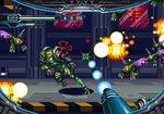  alien battle explosion fake_screenshot junkboy metroid nintendo pixel_art pov samus_aran 