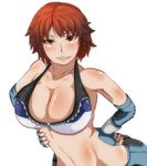  blush breasts brown_eyes brown_hair cleavage elizabeth_(ren0522) fingerless_gloves gloves grin halter_top halterneck hand_on_hip kazama_asuka large_breasts midriff short_hair smile solo tekken 