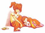  against_wall bad_id bad_pixiv_id brown_hair full_body gym_uniform idolmaster idolmaster_(classic) jacket jacket_removed juu_(juuzi) long_hair lying minase_iori multiple_girls pants sitting sleeping smile stuffed_animal stuffed_bunny stuffed_toy takatsuki_yayoi track_jacket track_pants twintails 