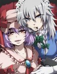  bat_wings blue_eyes braid cross fang gloves grey_hair hat izayoi_sakuya knife looking_at_viewer maid maid_headdress mouth_hold multiple_girls nitoni open_mouth purple_hair red_eyes remilia_scarlet short_hair touhou white_gloves wings 