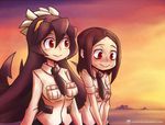  2girls black_hair brown_hair carol_(skullgirls) extra_mouth female filia_(skullgirls) futakuchi-onna happy long_hair lowres multiple_girls necktie painwheel_(skullgirls) parasite samson_(skullgirls) school_uniform sharp_teeth skullgirls smile stitches sunset vincentowo 