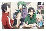  3boys black_eyes black_hair blonde_hair blue_eyes blue_hair cellphone ene_(kagerou_project) green_hair hood hoodie kagerou_project kano_shuuya kido_tsubomi kiragera kisaragi_shintarou kozakura_marry long_hair multiple_boys multiple_girls phone photo_album ponytail red_eyes seto_kousuke short_hair smartphone white_hair yellow_eyes 