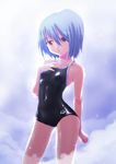  absurdres arena_(company) blue_hair competition_school_swimsuit hand_on_own_chest highres one-piece_swimsuit original red_eyes short_hair solo swimsuit tennouji_masamichi wet 