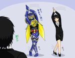  2boys belt black_hair cape dress_shirt formal jacket kamen_rider kamen_rider_duke kamen_rider_gaim_(series) kureshima_takatora mask minato_youko multiple_boys pencil_skirt pose red_eyes redol shirt skirt skirt_suit suit translation_request 