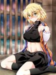  arm_warmers black_legwear blonde_hair blush breasts covered_nipples large_breasts looking_at_viewer making_of mizuhashi_parsee navel ootsuki_wataru open_clothes open_shirt pointy_ears shirt short_hair skirt sleeveless sleeveless_turtleneck solo touhou turtleneck 