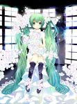  bad_id bad_pixiv_id flower green_eyes green_hair hatsune_miku kneehighs long_hair sitting solo twintails very_long_hair vocaloid yazawan 