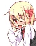  blonde_hair blush fang hair_ribbon long_sleeves looking_at_viewer one_eye_closed open_mouth red_eyes ribbon rumia shamo_(koumakantv) short_hair simple_background solo tongue tongue_out touhou white_background 