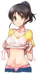  bad_id bad_pixiv_id bikini black_hair blush breasts green_eyes harada_miyo highres idolmaster idolmaster_cinderella_girls long_hair medium_breasts navel paopao ponytail see-through shirt shirt_lift shorts shorts_pull smile solo stomach striped striped_bikini swimsuit undressing wet wet_clothes 