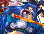  blue_hair bow dress hakurei_reimu hat hinanawi_tenshi juri_(shiningred) long_hair red_eyes sword tagme_(character) touhou weapon 