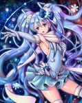  armpits blue_eyes blue_hair breasts elbow_gloves gloves hand_on_own_chest hatsune_miku long_hair medium_breasts open_mouth outstretched_arm scarf sideboob skirt snowflakes solo thighhighs twintails very_long_hair vocaloid yuki_miku yumiyokiak 