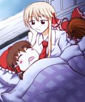  blonde_hair blouse bow brown_hair chin_rest drooling hair_bow hair_tubes hakurei_reimu long_hair lowres majrise multiple_girls necktie older open_mouth parody red_neckwear rumia sendai_hakurei_no_miko short_hair sleeping style_parody touhou younger 