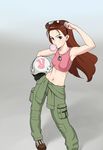  adjusting_eyewear brown_eyes brown_hair casual dog_tags eyewear_on_head green_pants helmet idolmaster idolmaster_(classic) long_hair looking_at_viewer midriff minase_iori navel pants pilot_suit pink_shirt shirt sleeveless sleeveless_shirt solo sports_bra sunglasses tied_shirt wata_do_chinkuru 