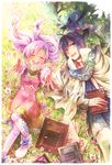  1girl ao2222 blue_eyes blue_hair book choker closed_eyes creature flower forehead_jewel keele_zeibel long_hair lying meredy outstretched_hand pantyhose ponytail purple_hair quickie robe skirt smile tales_of_(series) tales_of_eternia twintails white_legwear 