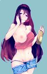  bad_id bad_pixiv_id black_panties blush bottle breast_slip breasts highres kisei2 large_breasts long_hair looking_at_viewer maboro_shiki navel nipples one_breast_out panties purple_eyes purple_hair ryuugajou_nanana_no_maizoukin shorts smile solo underwear 