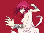  angry bad_id bad_pixiv_id bow bowtie bracelet chain dress fighting_stance jewelry long_hair magi_the_labyrinth_of_magic morgiana noriheita one_side_up red_eyes red_hair simple_background sleeveless sleeveless_dress solo 