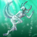  axolotl breasts butt female fins glowingraver glowydabstrd green_eyes nipples nude solo swimming underwater water 