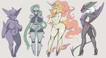  breasts ferrothorn furry gen_1_pokemon gen_5_pokemon gen_6_pokemon gengar high_heels horns large_breasts live_for_the_funk multiple_girls nipples noivern nude one-eyed personification pokemon rapidash red_eyes red_hair self_fondle stiletto_heels tail tentacles wings yellow_eyes 