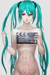  aqua_eyes aqua_hair breasts character_name cimikus clapperboard collarbone copyright_name groin hatsune_miku highres holding holding_hair jpeg_artifacts long_hair medium_breasts nail_polish navel nude number out-of-frame_censoring parted_lips silhouette solo twintails very_long_hair vocaloid 