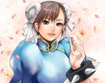  bracelet brown_eyes brown_hair bun_cover chun-li double_bun face jewelry kazaana lips looking_at_viewer petals short_hair smile solo spiked_bracelet spikes street_fighter street_fighter_ii_(series) 