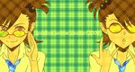  2girls :3 \m/ bespectacled brown_hair futami_ami futami_mami glasses idolmaster idolmaster_(classic) juu_(juuzi) multiple_girls necktie one_side_up plaid rough_time_school short_hair siblings sisters twins 