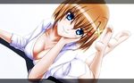  barefoot blue_eyes breasts brown_hair cleavage dress_shirt dutch_angle feet hair_ornament head_rest highres large_breasts letterboxed lying lyrical_nanoha mahou_shoujo_lyrical_nanoha_strikers no_pants on_stomach shirt short_hair soles solo tappa_(esperanza) x_hair_ornament yagami_hayate 
