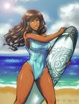  avatar_(series) beach blue_eyes breasts brown_hair competition_swimsuit contemporary covered_navel dark_skin day hair_down hair_tubes iahfy korra large_breasts long_hair ocean one-piece_swimsuit sideboob smile solo surfboard swimsuit taut_clothes taut_swimsuit the_legend_of_korra toned 