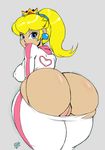  ass bent_over blonde_hair blue_eyes bodysuit breasts covered_nipples crown earrings from_behind highres jewelry lips mario_(series) mario_kart medium_breasts no_panties plump princess_peach pussy randomboobguy skindentation solo super_mario_bros. torn_clothes 