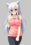  animal_ears bare_shoulders blush breasts clenched_hand collarbone fox_ears grey_background holding koneko_(nonnkimono) large_breasts long_hair open_mouth original pants red_eyes silver_hair simple_background solo tears 