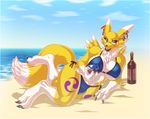  alcohol anthro barefoot beach beverage big_breasts bikini black_lips blue_eyes breasts bulge canine chest_tuft claws clothed clothing cloud dickgirl digimon ear_piercing eyewear fox fur glasses intersex looking_at_viewer mammal outside piercing reiku relaxing renamon seaside shadow sky solo swimsuit toe_claws tuft unknown_artist white_fur wine_glass yellow_fur 
