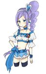  aono_miki blue_choker blue_eyes blue_skirt blush choker cure_berry drill_hair earrings eyelashes fresh_precure! frilled_skirt frills hair_ornament hairband high_heels jewelry long_hair looking_at_viewer magical_girl midriff navel open_mouth ponytail pout precure purple_hair ribbon shijima_(agkm) shirt side_ponytail simple_background sketch skirt solo standing thighhighs thighs white_background wrist_cuffs zettai_ryouiki 