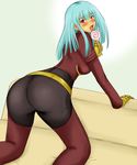  1girl ass blue_hair blush breasts candy from_behind gloves king_of_fighters kula_diamond licking lollipop long_hair looking_at_viewer looking_back looking_over_shoulder momo_765 open_mouth red_eyes rirakukan sideboob snk tongue tongue_out 
