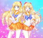  ;d aino_minako aqua_background back_bow bad_id bad_pixiv_id bishoujo_senshi_sailor_moon blonde_hair blue_eyes bow brooch choker dual_persona elbow_gloves gloves gradient gradient_background hair_bow half_updo hand_on_hip jewelry katou_sami long_hair magical_girl multiple_girls one_eye_closed open_mouth orange_choker orange_sailor_collar orange_skirt pink_background pleated_skirt red_bow ribbon sailor_collar sailor_moon_musical sailor_senshi sailor_senshi_uniform sailor_venus skirt smile star white_gloves 