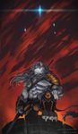  anthro armor bandage beefnoodles biceps big_muscles black_nose blue_eyes canine claws clothed clothing crouching fur grey_fur hair kneeling leaning leaning_forward long_hair male mammal muscles pants pecs pose solo toe_claws toned topless 