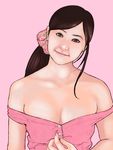  bad_id bad_pixiv_id bare_shoulders breasts brown_eyes brown_hair kusagami_style light_smile lips long_hair looking_at_viewer original pink_background simple_background small_breasts solo upper_body 