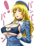  1girl atago_(kantai_collection) beret blonde_hair blue_eyes bra breasts cleavage erect_nipples female hat ishii_hisao kantai_collection large_breasts long_hair military military_uniform open_clothes open_shirt shirt simple_background solo standing underwear uniform upper_body white_background 