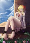  alice_margatroid ankle_ribbon bad_id bad_pixiv_id barefoot blonde_hair blue_eyes breasts choker cloud day elbow_gloves feet full_body gloves hair_ribbon highres lips medium_breasts outdoors ribbon short_hair sky solo touhou wenhe 