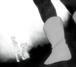  2boys :d arm_up black_background boots bulma crossed_arms dougi dragon_ball dragon_ball_z dragon_ball_z_kami_to_kami dress dutch_angle father_and_son gradient gradient_background grey_background happy head_out_of_frame height_difference mother_and_son multiple_boys neckerchief no_eyes open_mouth ousamasuteki out_of_frame short_hair simple_background sleeveless sleeveless_dress smile standing trunks_(dragon_ball) vegeta white_background 