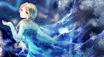  blonde_hair blue_eyes braid dress elsa_(frozen) frozen_(disney) hair_over_shoulder koyuiko long_hair looking_at_viewer looking_back single_braid smile snowflakes solo 