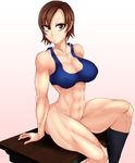  abs bottomless breasts brown_eyes brown_hair cleavage desk kazama_asuka large_breasts muscle navel on_desk school_desk sitting sitting_on_desk socks solo sports_bra tekken thick_thighs thighs tomliat 