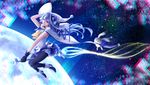  bad_id bad_pixiv_id blue_hair blue_legwear bon_nob boots broom broom_riding bunny hair_ribbon hand_on_own_head hat hatsune_miku highres long_hair moon pantyhose ribbon skirt snowflakes space star suki!_yuki!_maji_magic_(vocaloid) vocaloid witch witch_hat yuki_miku yukine_(vocaloid) 