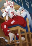  ass barefoot blush boots bow chair commentary cup drunk feet footwear_removed from_behind from_below fujiwara_no_mokou highres iromeki_overdrive kamishirasawa_keine long_hair multiple_girls open_mouth pants red_eyes shoes_removed silver_hair sitting sitting_backwards socks_removed soles suspenders toes touhou 