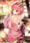  1girl absurdres back bare_legs bare_shoulders from_behind hair_ribbon highres japanese_clothes kimono looking_back nardack onsen open_mouth original pink_eyes pink_hair ribbon short_hair sitting solo undressing water yukata 