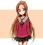  black_skirt brown_eyes brown_hair dokidoki!_precure expressionless eyelashes half_updo long_hair looking_at_viewer lowres madoka_aguri precure red_shirt ribbon shijima_(agkm) shirt skirt solo standing 