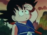  1boy 1girl 80s animated animated_gif black_hair blue_hair bulma closed_legs dragon_ball embarrassed glove gloves legs_together nyoibo oldschool peeing skirt sky sleeveless smile socks son_gokuu spiked_hair staff wristband 