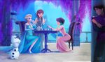  3girls anna_(frozen) bare_shoulders blonde_hair blue_dress blue_eyes board_game braid brown_hair carrot chess company_connection crossover cup ddf disney dress drinking elsa_(frozen) eyeshadow flower flynn_rider freckles frozen_(disney) highres long_hair makeup multiple_girls official_style olaf_(frozen) pink_dress rapunzel_(disney) short_hair siblings signature single_braid sisters spoilers tangled teacup teapot twin_braids wisteria 