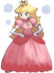  1girl angry artist_request blonde_hair blush crown dress earrings elbow_gloves female gloves green_eyes hands_on_hips jewelry lips long_hair mario_(series) nintendo pink_dress princess_peach simple_background solo sugimori_ken super_mario_bros. white_gloves 