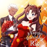  1girl alcohol archer blue_eyes brown_hair champagne dark_skin dress elbow_gloves fate/stay_night fate_(series) gloves hair_ribbon happy_birthday holiday-jin red_dress ribbon strapless strapless_dress toosaka_rin two_side_up white_hair 