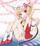  adapted_costume asa_(coco) ascot bad_id bad_pixiv_id bare_legs bare_shoulders blonde_hair brooch flandre_scarlet hat jewelry looking_at_viewer nail_polish open_mouth plant red_eyes short_hair side_ponytail sitting skirt smile smirk solo touhou uneven_eyes vines wings 