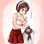  blush bra breasts brown_eyes brown_hair hairband highres kantai_collection large_breasts nam_(valckiry) natori_(kantai_collection) short_hair solo sweatdrop translated underwear undressing uniform wavy_mouth white_hairband 